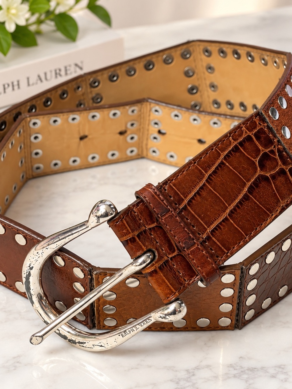 Michael Kors Genuine Leather Wide Studded Belt Brown Croc Embossed Size Medium